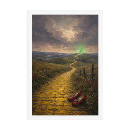 Framed Yellow Brick Road poster featuring ruby slippers beside a winding golden path leading toward a distant emerald city, inspired by There's No Place Like Home, original Visual Poetry artwork.