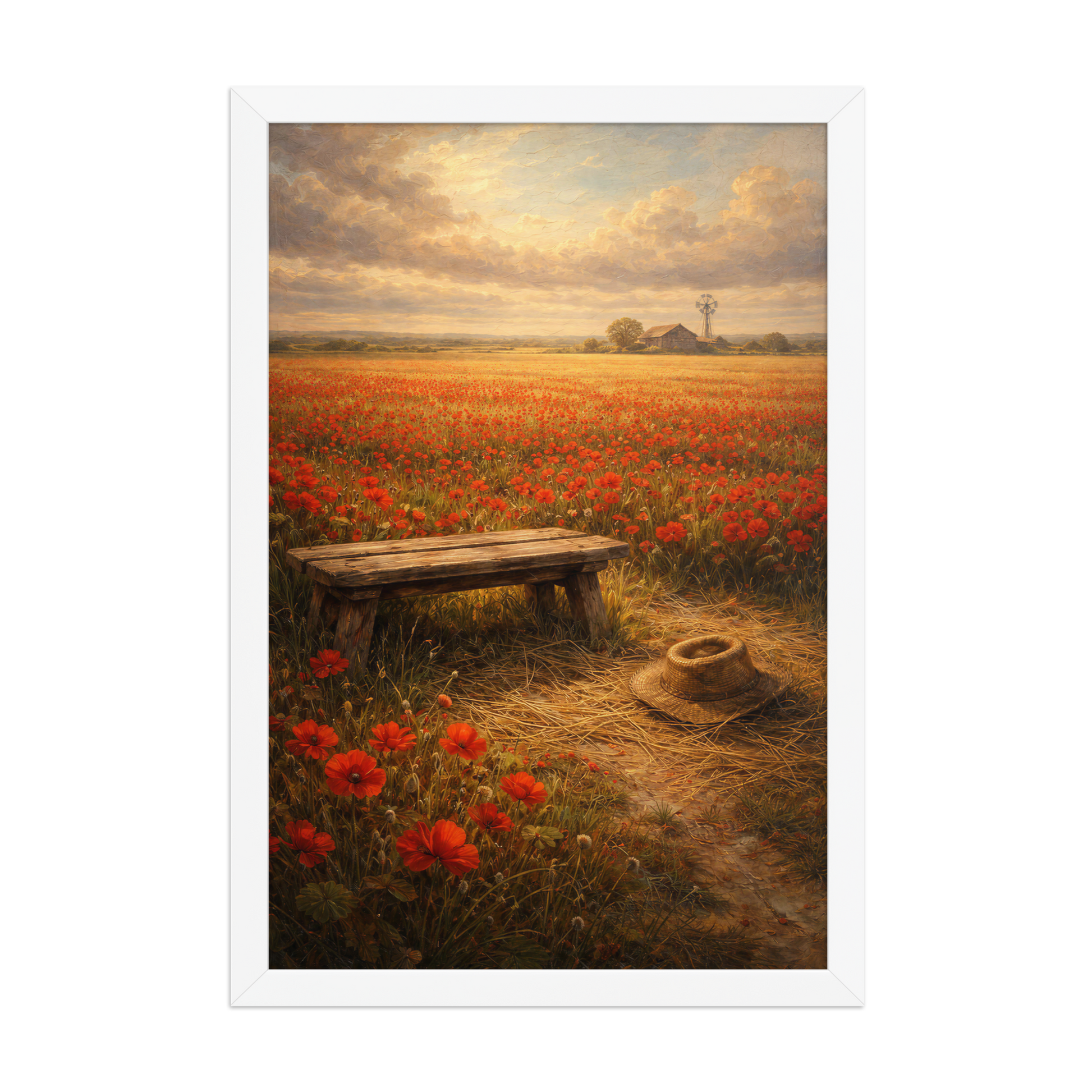 Framed Poppy Field poster featuring a rustic bench, straw hat, and a vast field of red poppies beneath a glowing countryside sky, inspired by The Deadly Poppy Field, original Visual Poetry artwork.