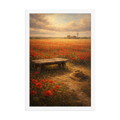 Framed Poppy Field poster featuring a rustic bench, straw hat, and a vast field of red poppies beneath a glowing countryside sky, inspired by The Deadly Poppy Field, original Visual Poetry artwork.