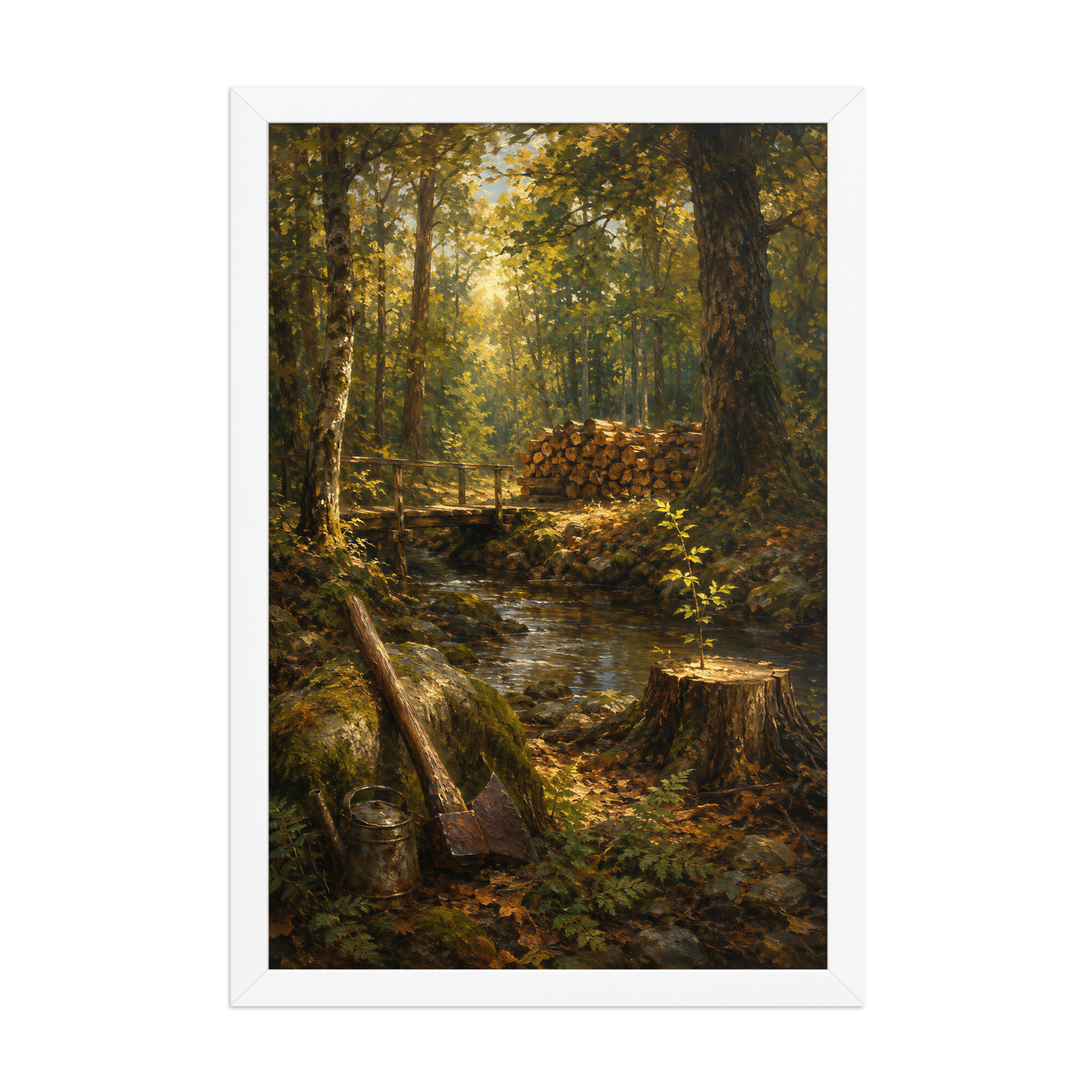 Framed Forest Clearing poster featuring a woodland stream, rustic bridge, axe, stacked firewood, and a young sapling growing from a tree stump, inspired by Follow the Yellow Brick Road, original Visual Poetry artwork.