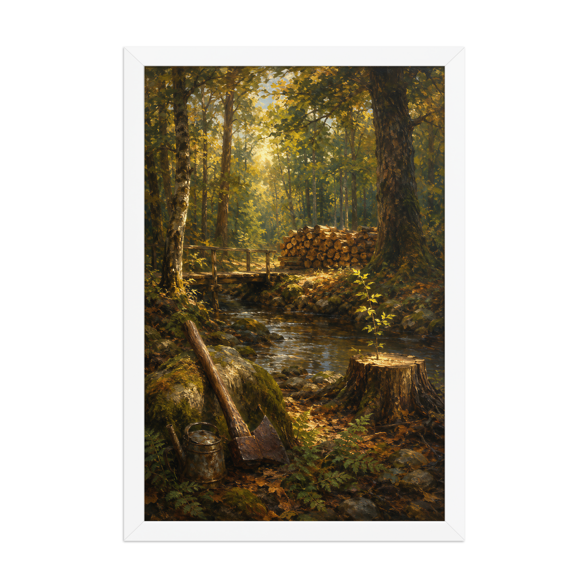 Framed Forest Clearing poster featuring a woodland stream, rustic bridge, axe, stacked firewood, and a young sapling growing from a tree stump, inspired by Follow the Yellow Brick Road, original Visual Poetry artwork.