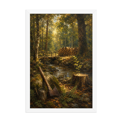 Framed Forest Clearing poster featuring a woodland stream, rustic bridge, axe, stacked firewood, and a young sapling growing from a tree stump, inspired by Follow the Yellow Brick Road, original Visual Poetry artwork.