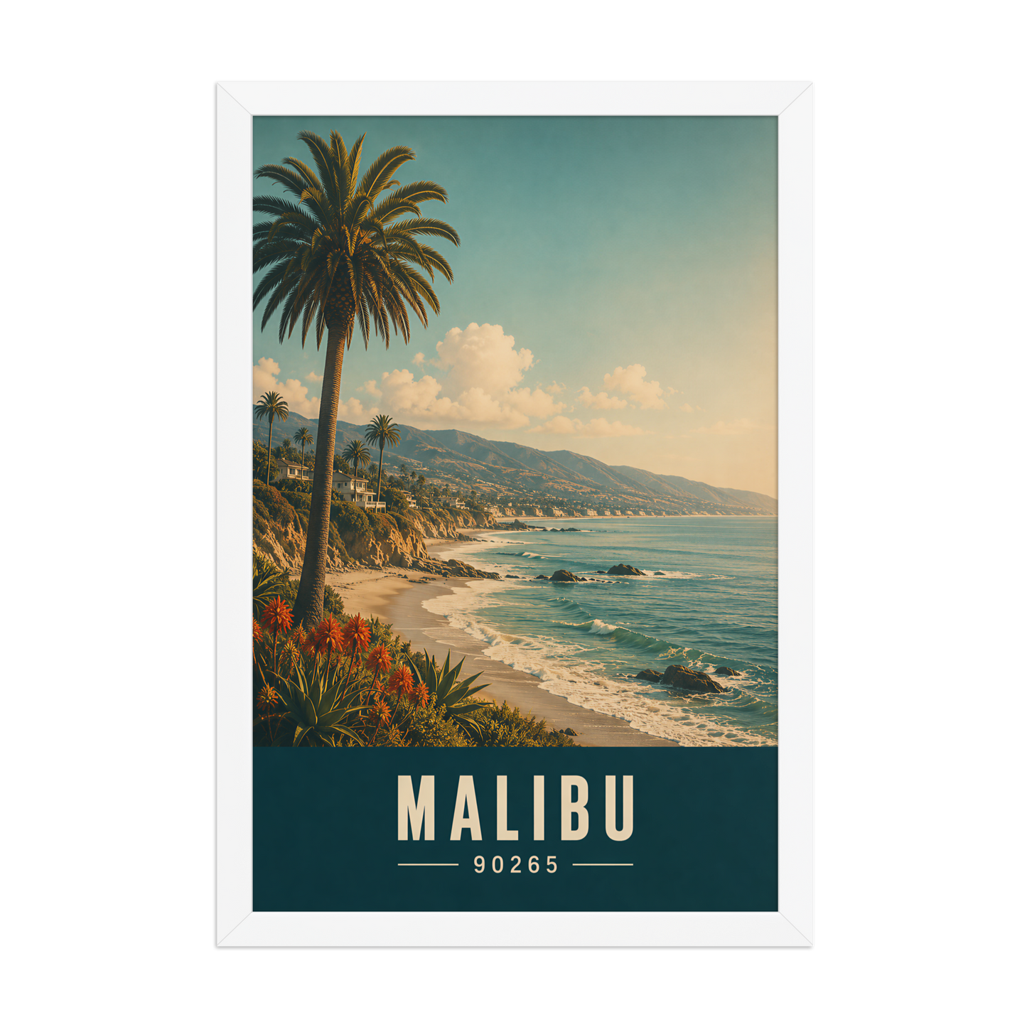 Framed Malibu California retro travel poster with 90265 zip code, coastal beach wall art