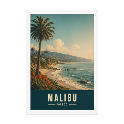 Framed Malibu California retro travel poster with 90265 zip code, coastal beach wall art