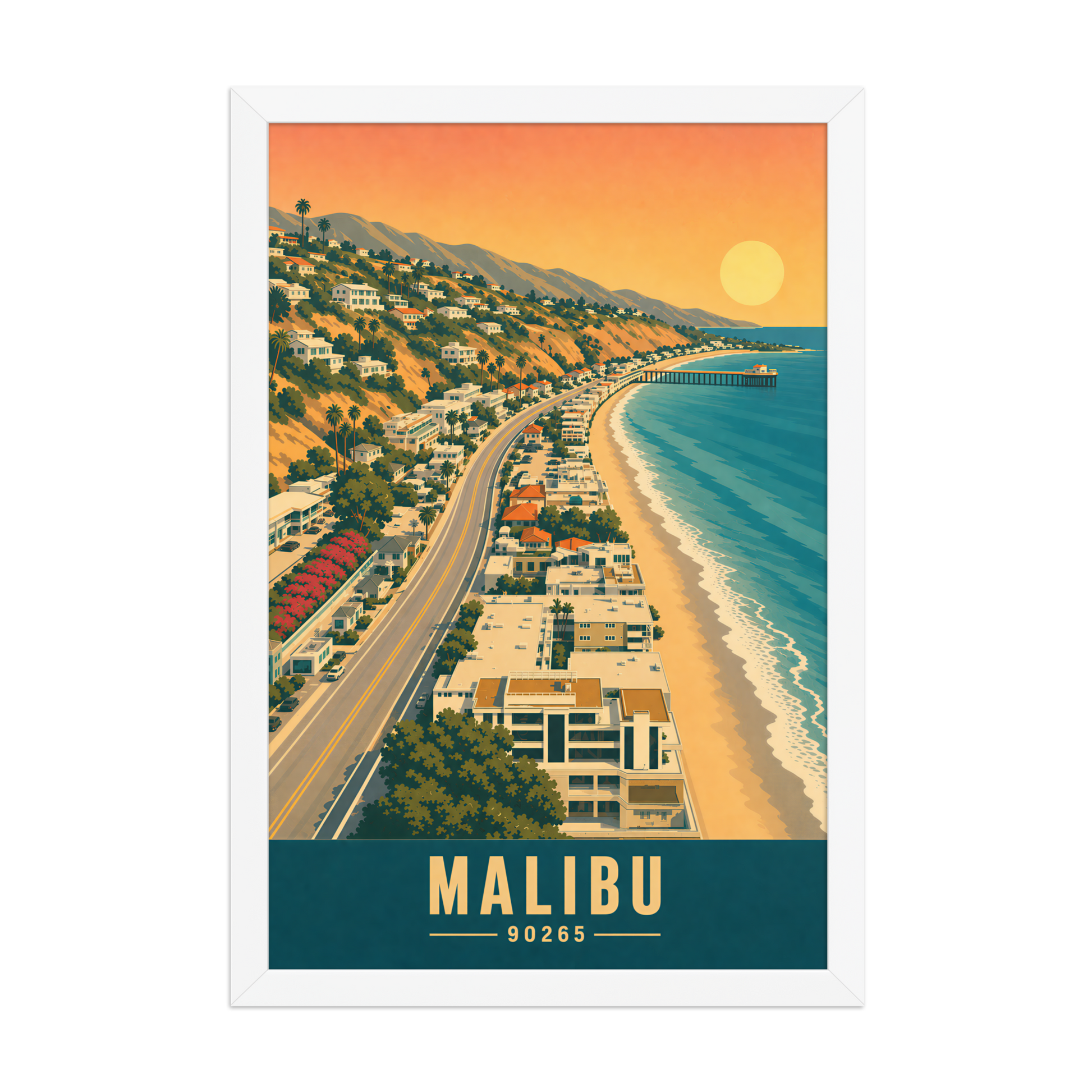 Framed aerial Malibu Pacific Coast Highway poster with 90265 zip code
