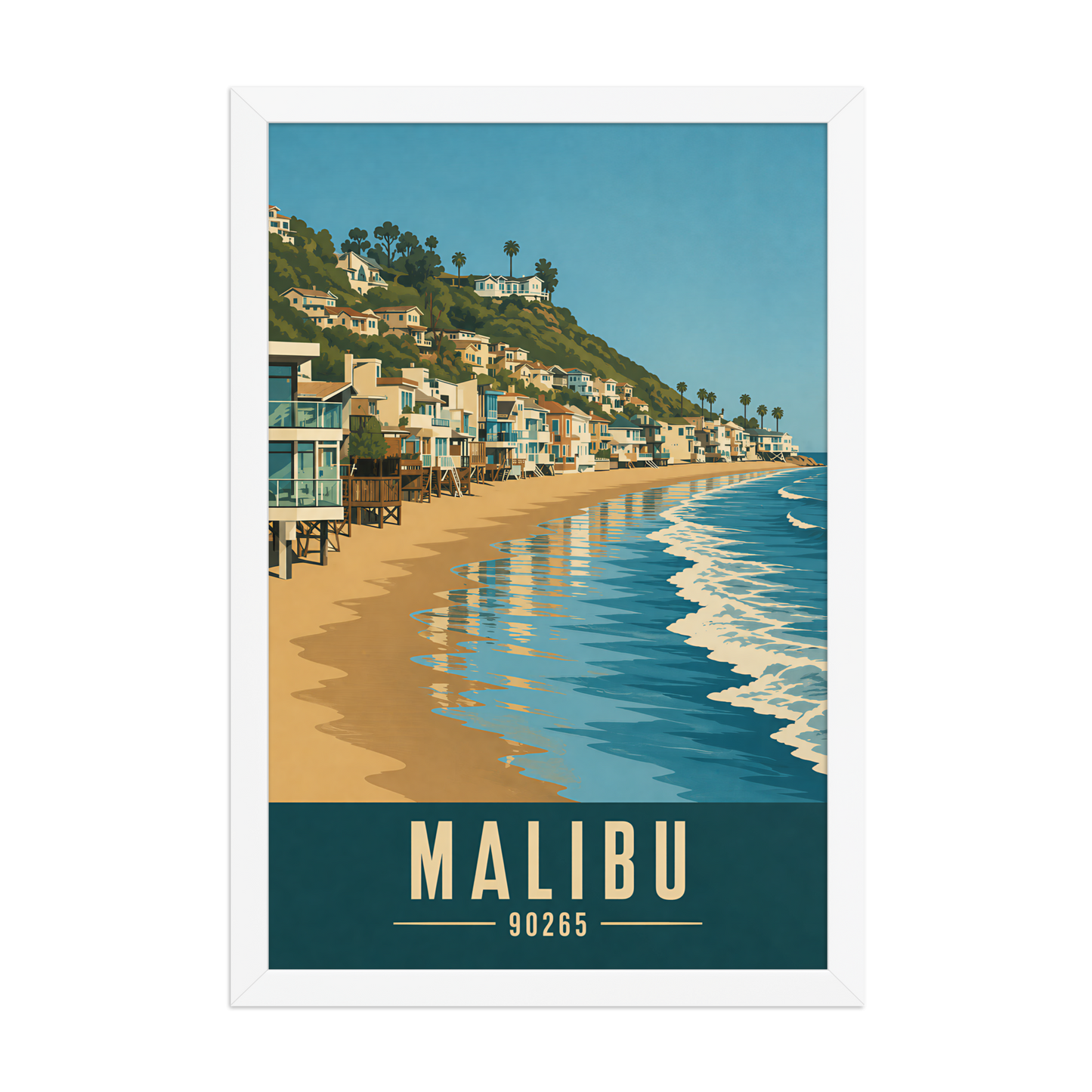 Framed Malibu beach house coastal poster with 90265 zip code