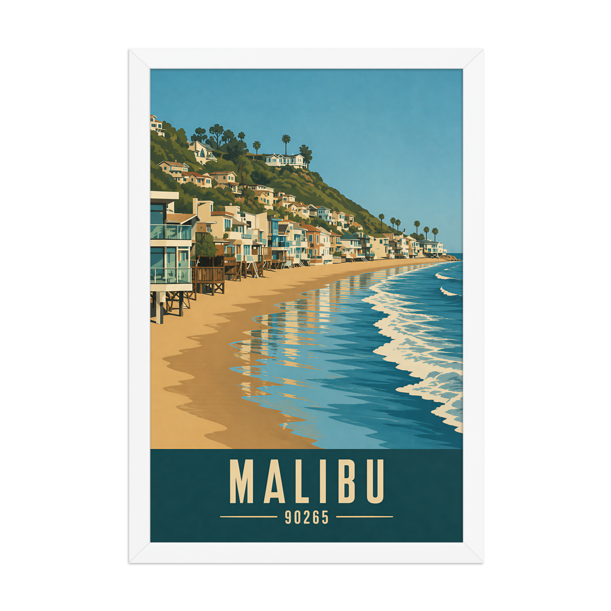 Framed Malibu beach house coastal poster with 90265 zip code