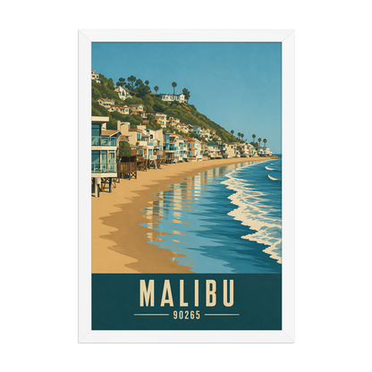 Framed Malibu beach house coastal poster with 90265 zip code
