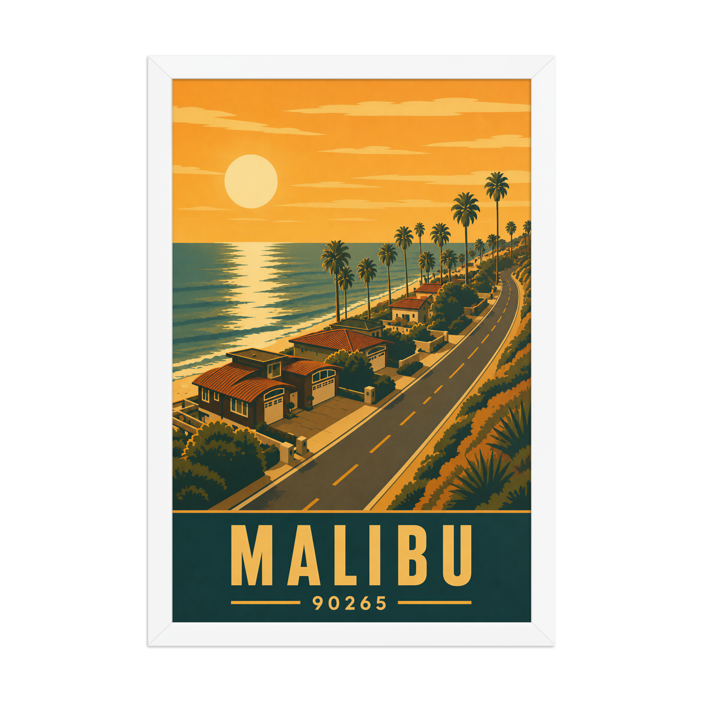 Framed Malibu palm-lined sunset coastal road poster with 90265 zip code