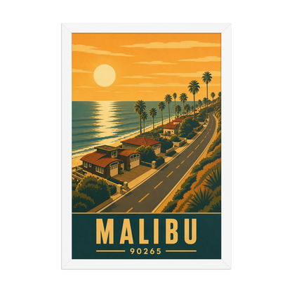Framed Malibu palm-lined sunset coastal road poster with 90265 zip code