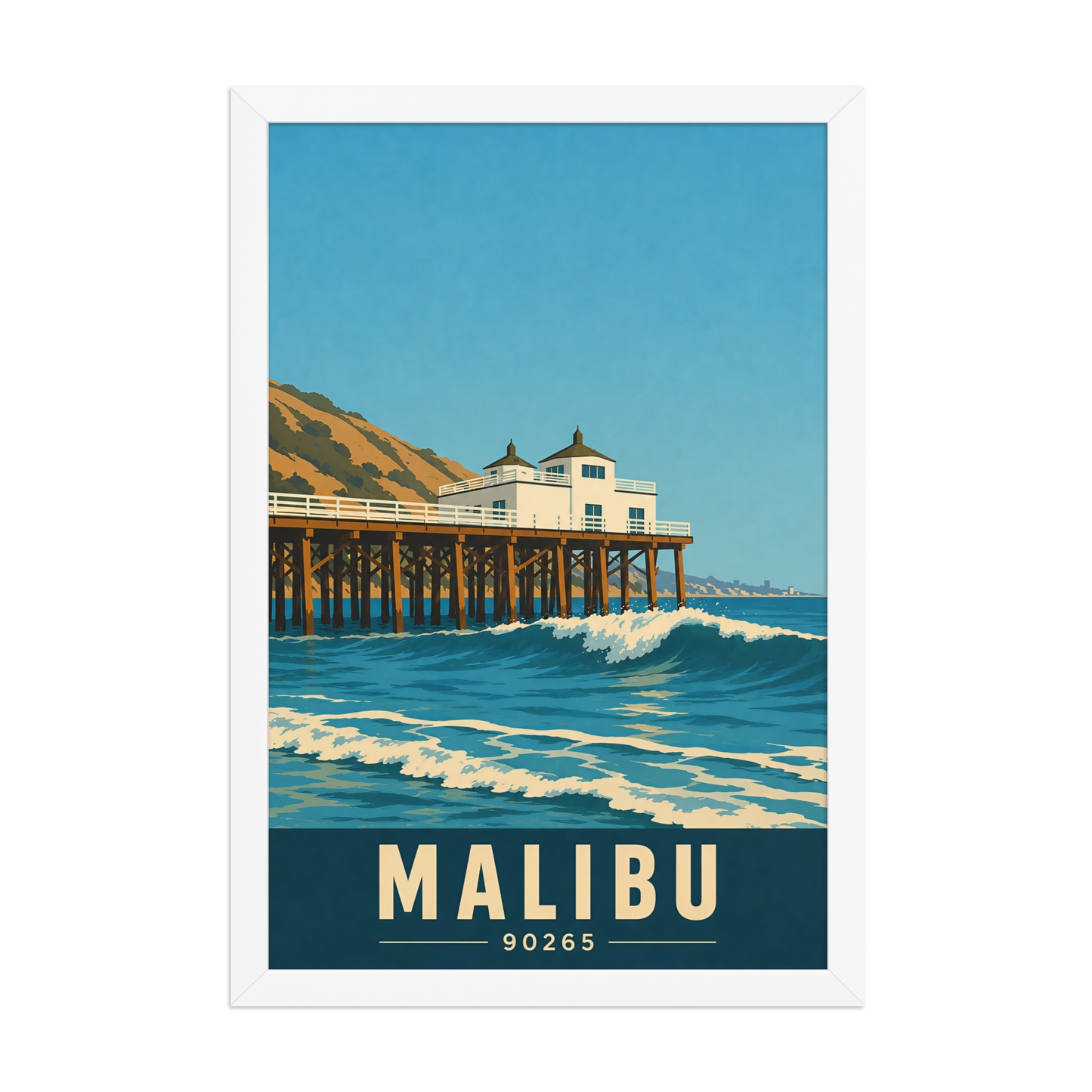 Framed Malibu oceanfront pier and waves poster with 90265 zip code