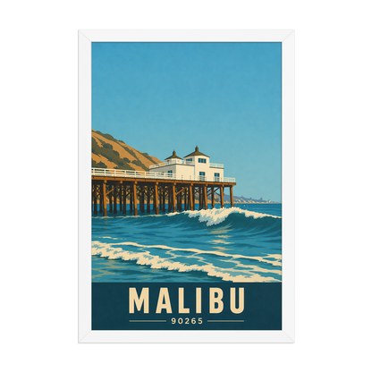 Framed Malibu oceanfront pier and waves poster with 90265 zip code
