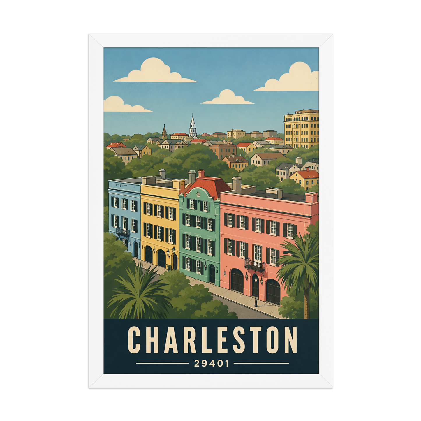 Framed Rainbow Row Charleston historic homes poster with 29401 zip code