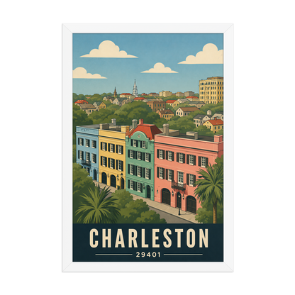 Framed Rainbow Row Charleston historic homes poster with 29401 zip code