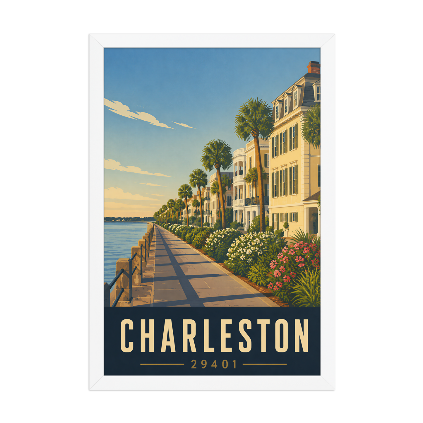 Framed Charleston The Battery waterfront poster with 29401 zip code