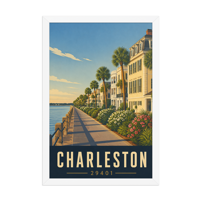 Framed Charleston The Battery waterfront poster with 29401 zip code