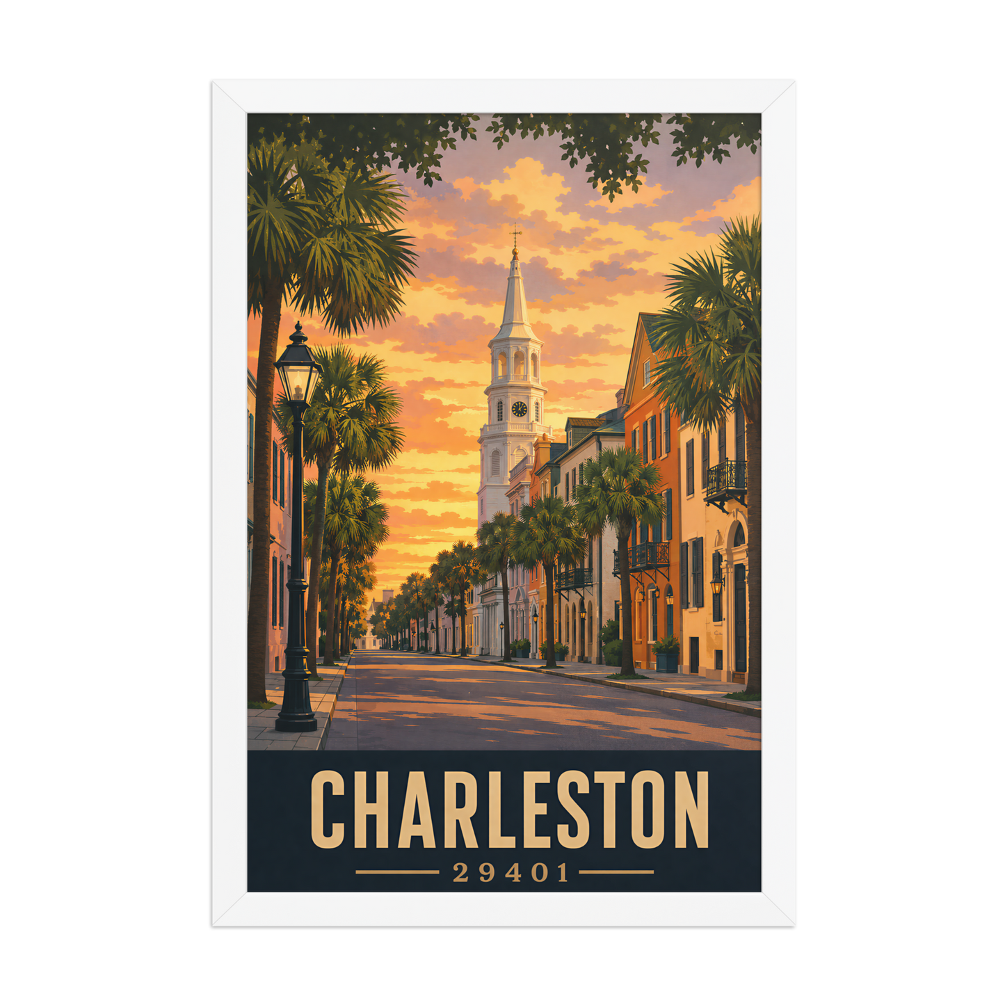 Framed Charleston church steeple sunset poster with 29401 zip code