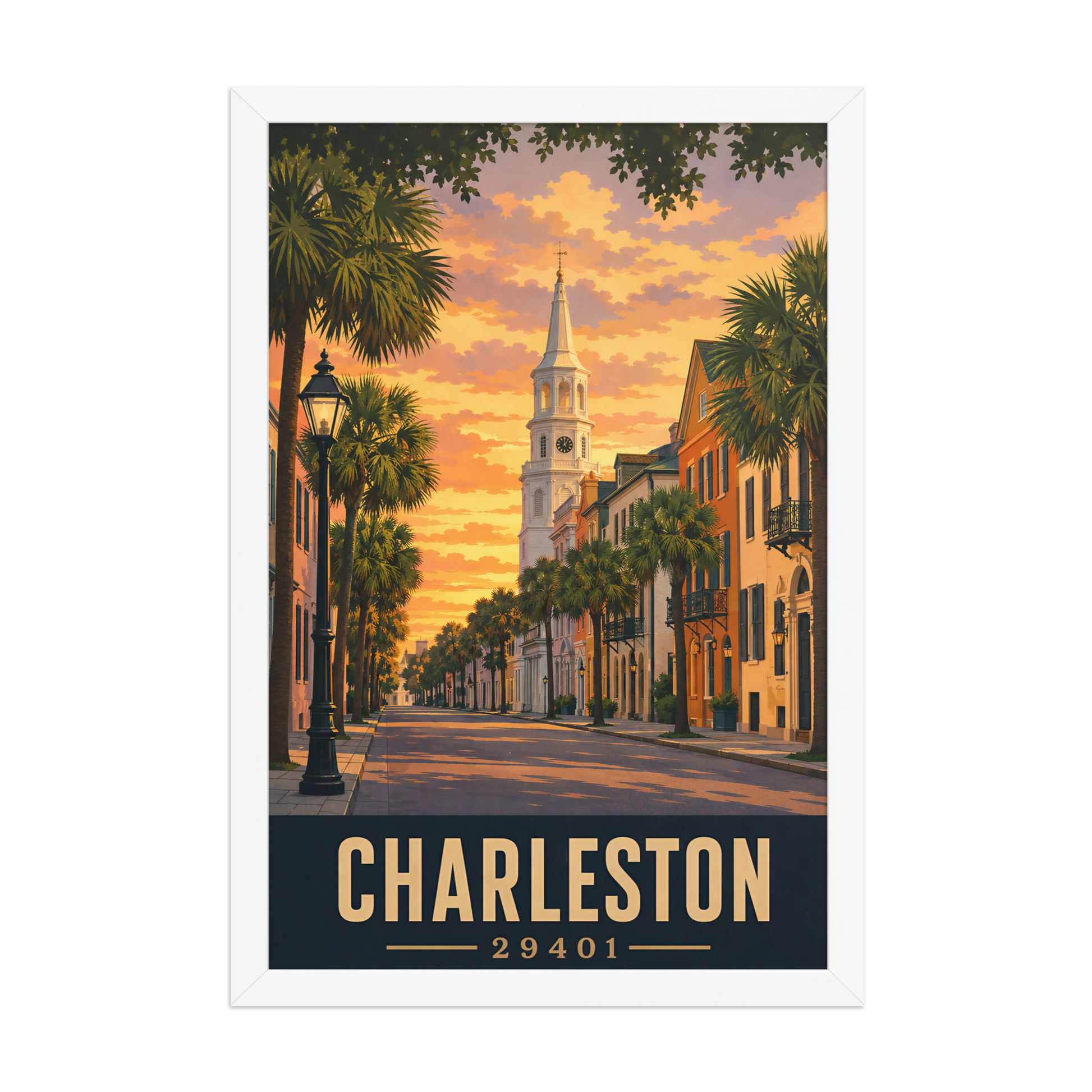 Framed Charleston church steeple sunset poster with 29401 zip code