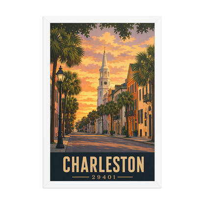 Framed Charleston church steeple sunset poster with 29401 zip code