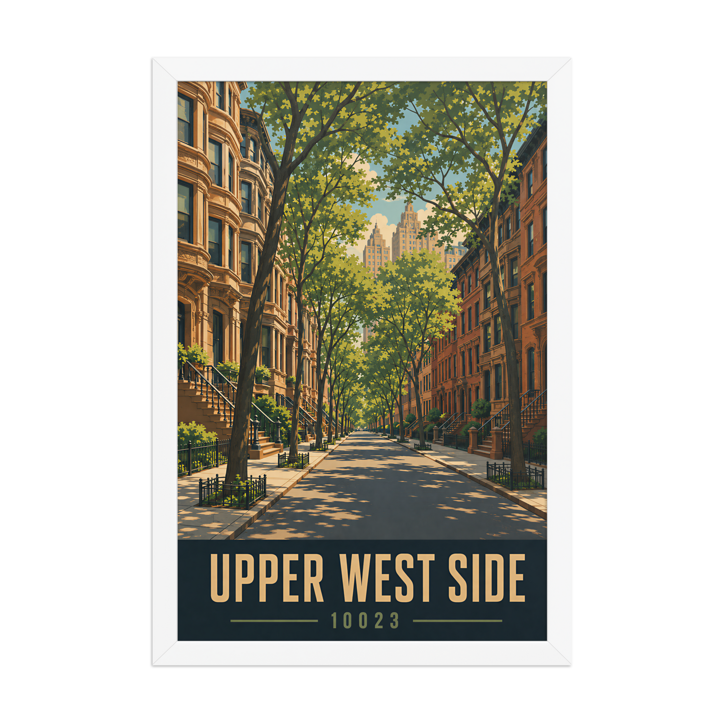 Framed Upper West Side brownstone street poster with 10023 zip code