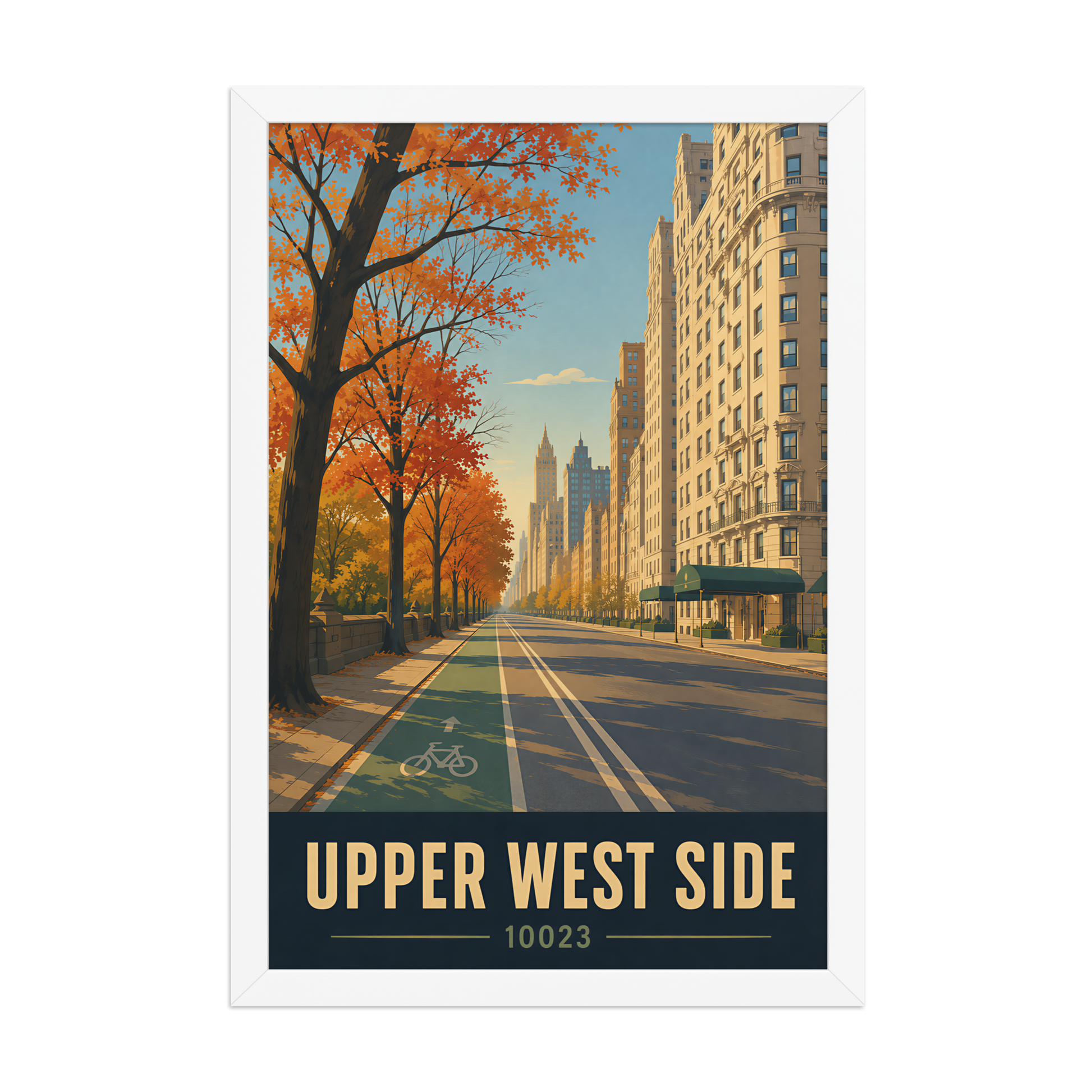 Framed Central Park West autumn poster with 10023 zip code