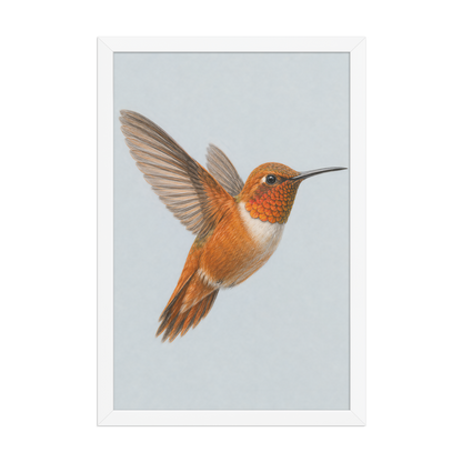 Framed Rufous hummingbird colored pencil illustration print on dusty blue pastel background, wood frame wall art