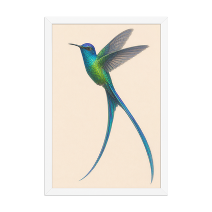 Framed Long-tailed Sylph hummingbird colored pencil illustration print, teal iridescent plumage on warm cream background, wood frame wall art