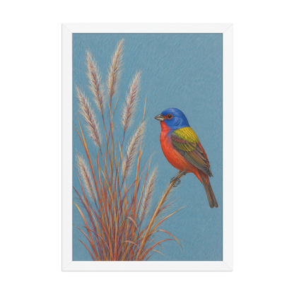 Framed Painted Bunting colored pencil illustration in prairie grass, dusty blue background, wood frame wall art