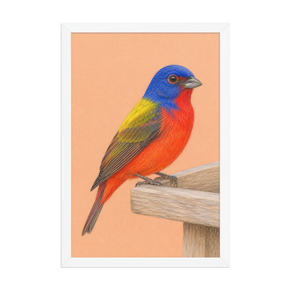 Framed Painted Bunting colored pencil illustration on wooden feeder, apricot background, wood frame wall art