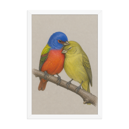 Framed male and female Painted Bunting pair colored pencil illustration, wood frame wall art