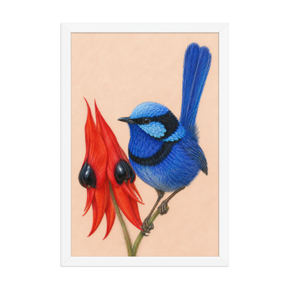 Framed Splendid Fairywren blue wren colored pencil illustration, terracotta background, wood frame wall art