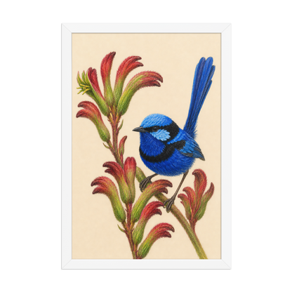 Framed Splendid Fairywren blue wren colored pencil illustration on Kangaroo Paw flowers, wood frame wall art