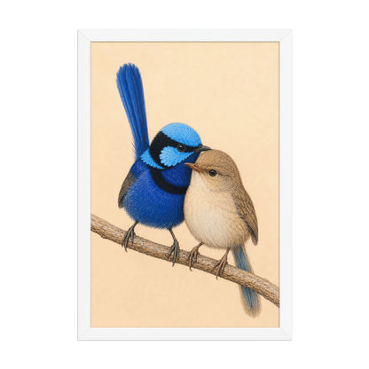 Framed male and female Splendid Fairywren blue wren pair colored pencil illustration, wood frame wall art