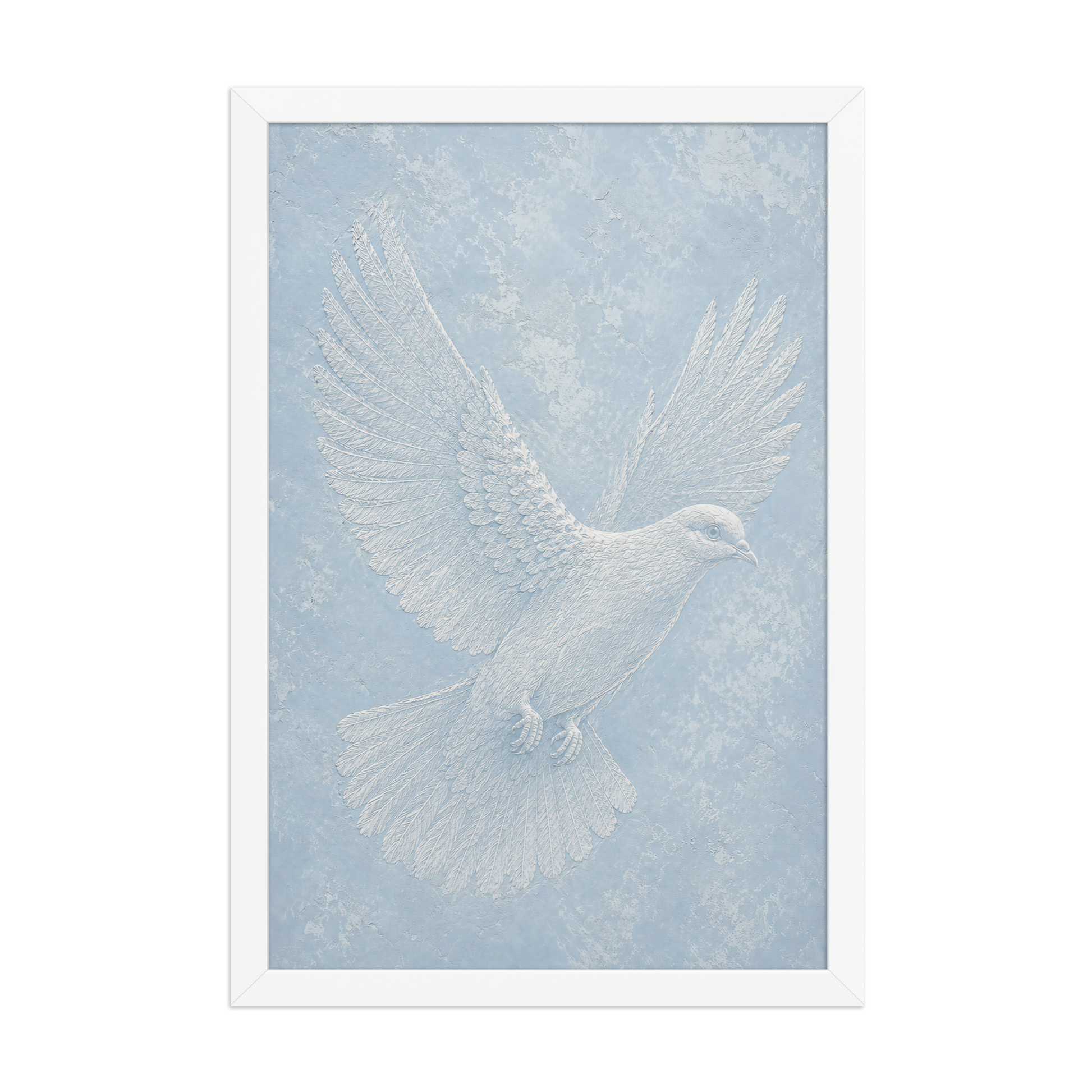 Framed peace dove print with embossed relief-look design on dusty blue textured background
