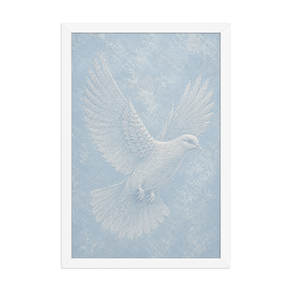 Framed peace dove print with embossed relief-look design on dusty blue textured background