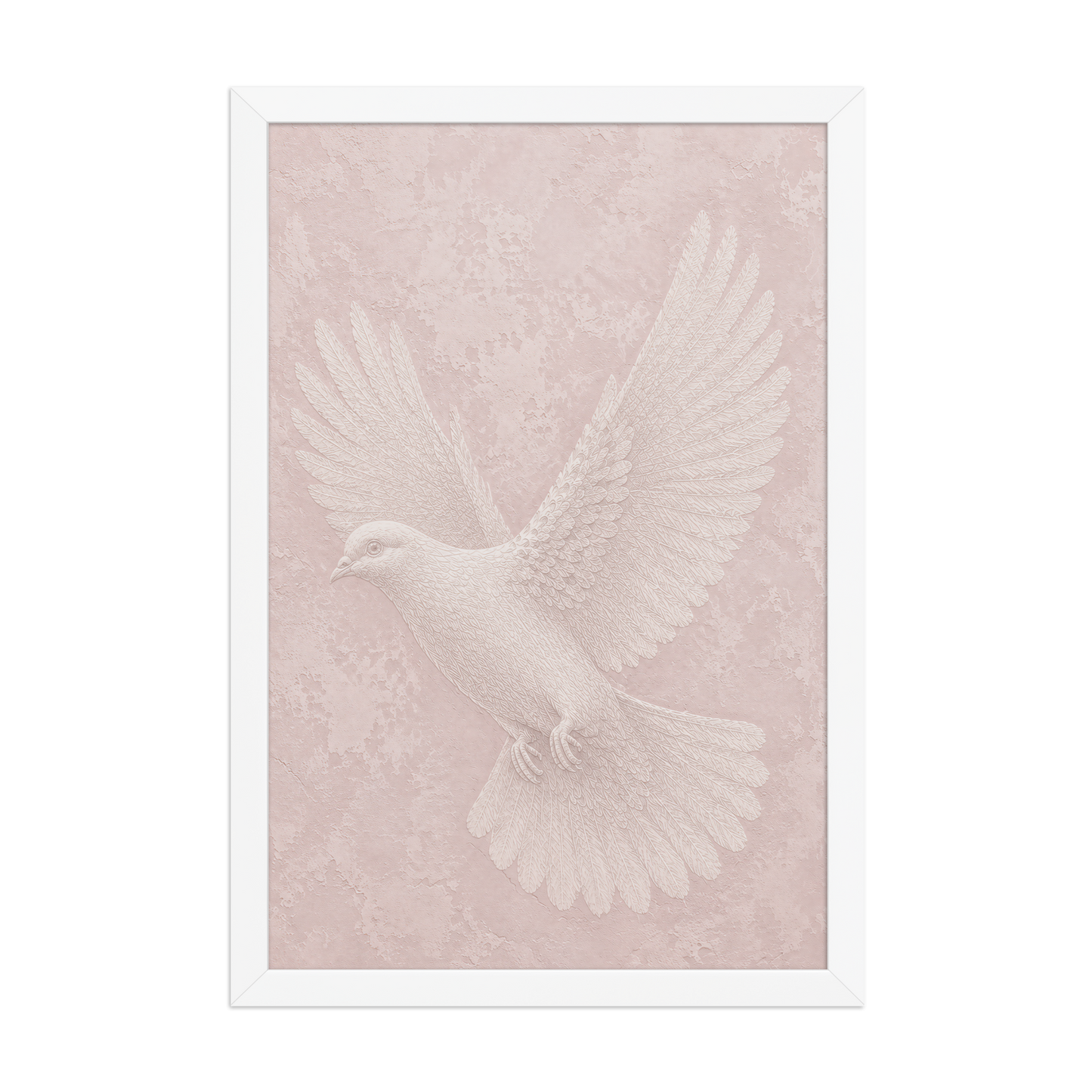 Framed peace dove print with embossed relief-look design on blush pink textured background
