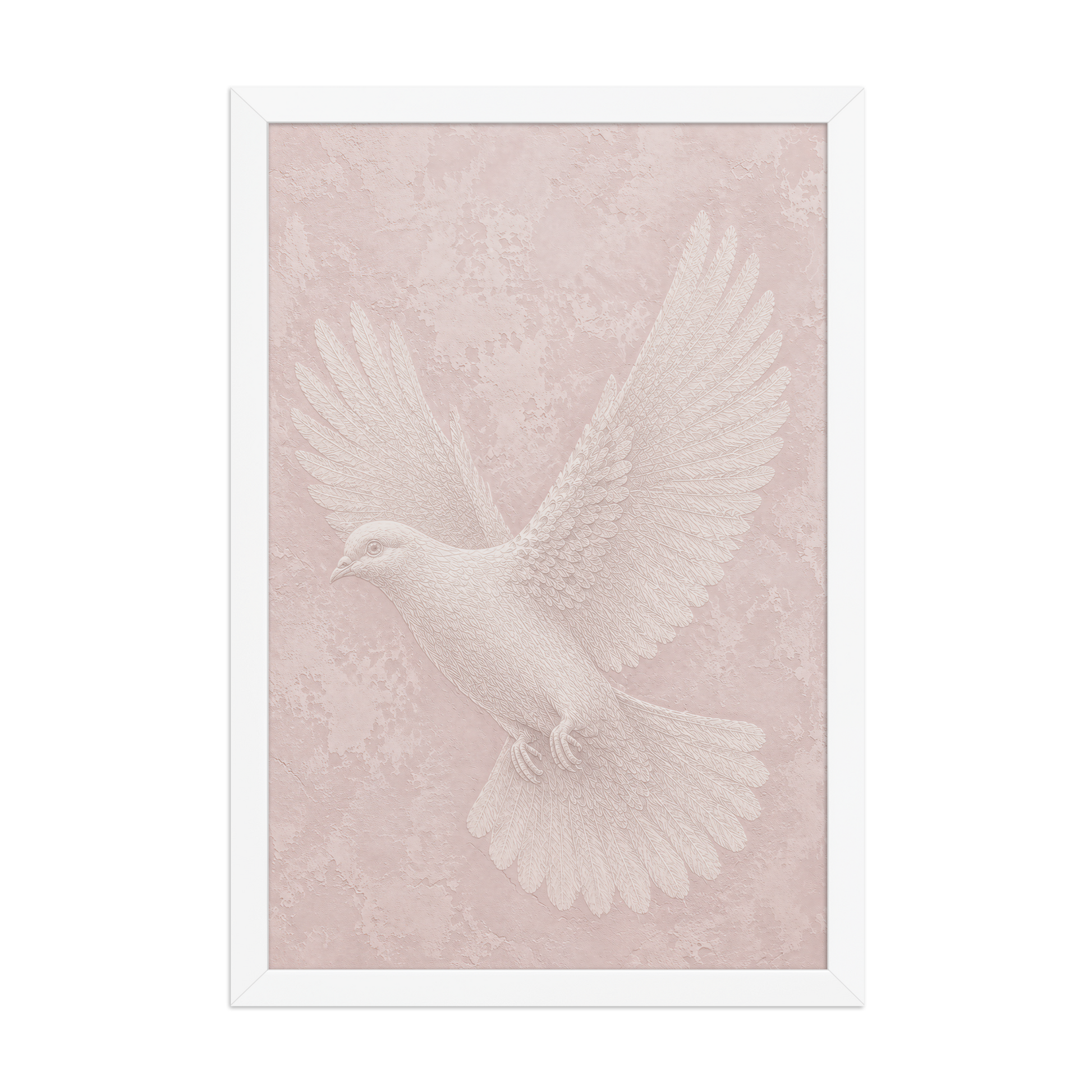 Framed peace dove print with embossed relief-look design on blush pink textured background