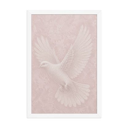 Framed peace dove print with embossed relief-look design on blush pink textured background
