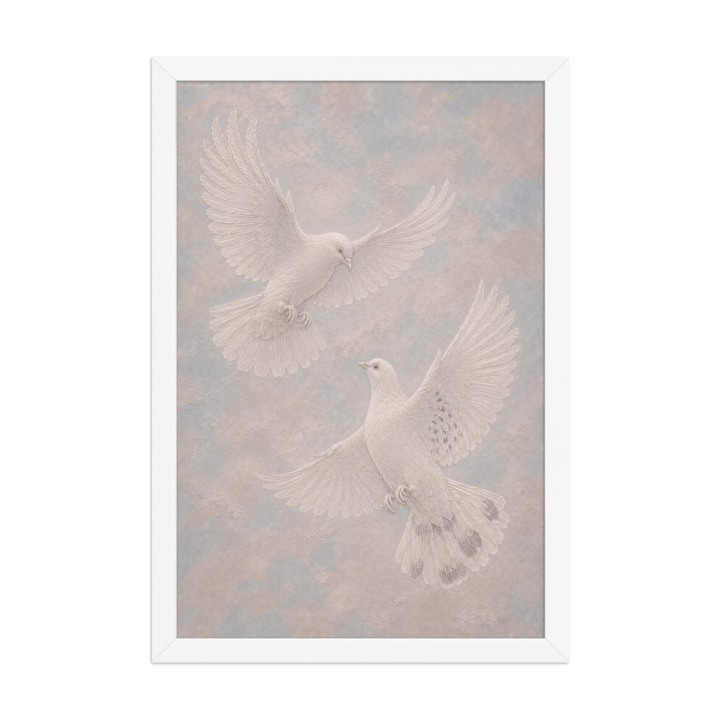 Framed two peace doves print with embossed relief-look design on dusty blue and blush textured background