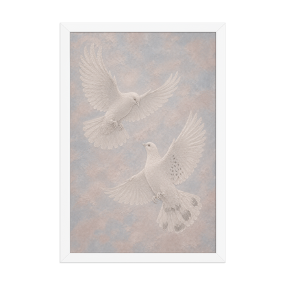 Framed two peace doves print with embossed relief-look design on dusty blue and blush textured background