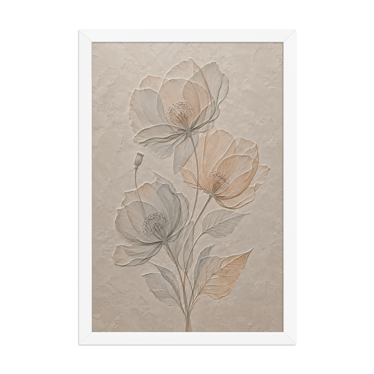Framed wildflower bouquet print with embossed relief-look design on neutral beige textured background