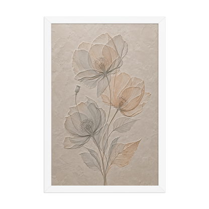 Framed wildflower bouquet print with embossed relief-look design on neutral beige textured background