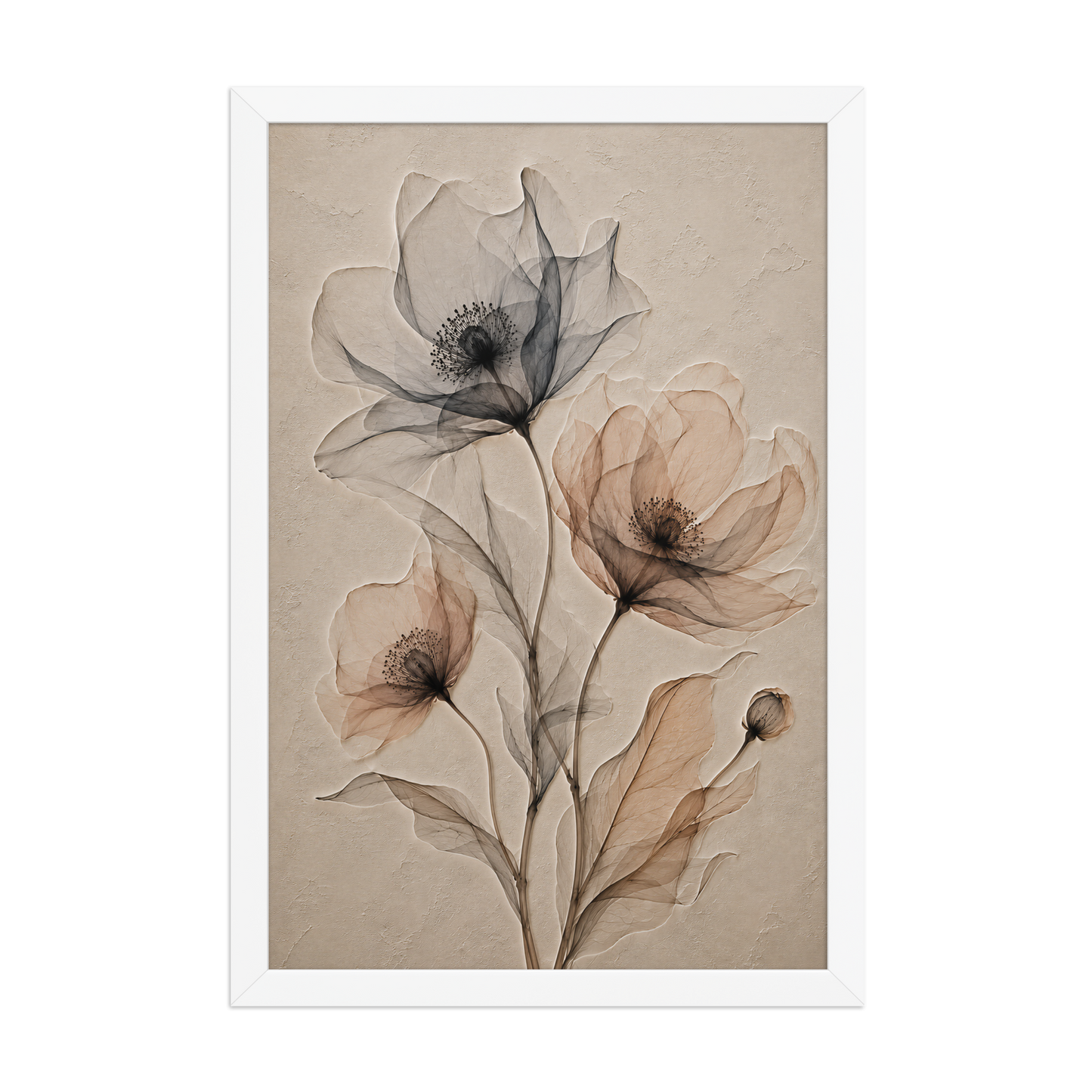 Framed wildflower trio print with embossed relief-look design in charcoal and clay tones on beige textured background