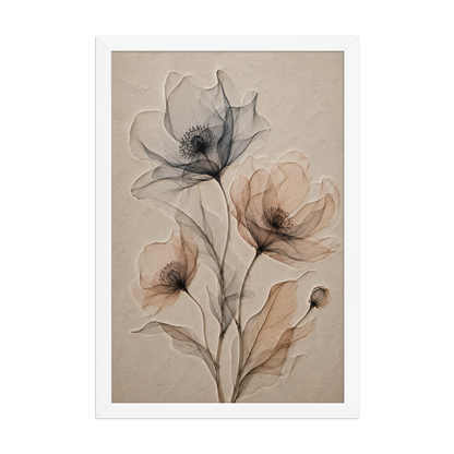 Framed wildflower trio print with embossed relief-look design in charcoal and clay tones on beige textured background