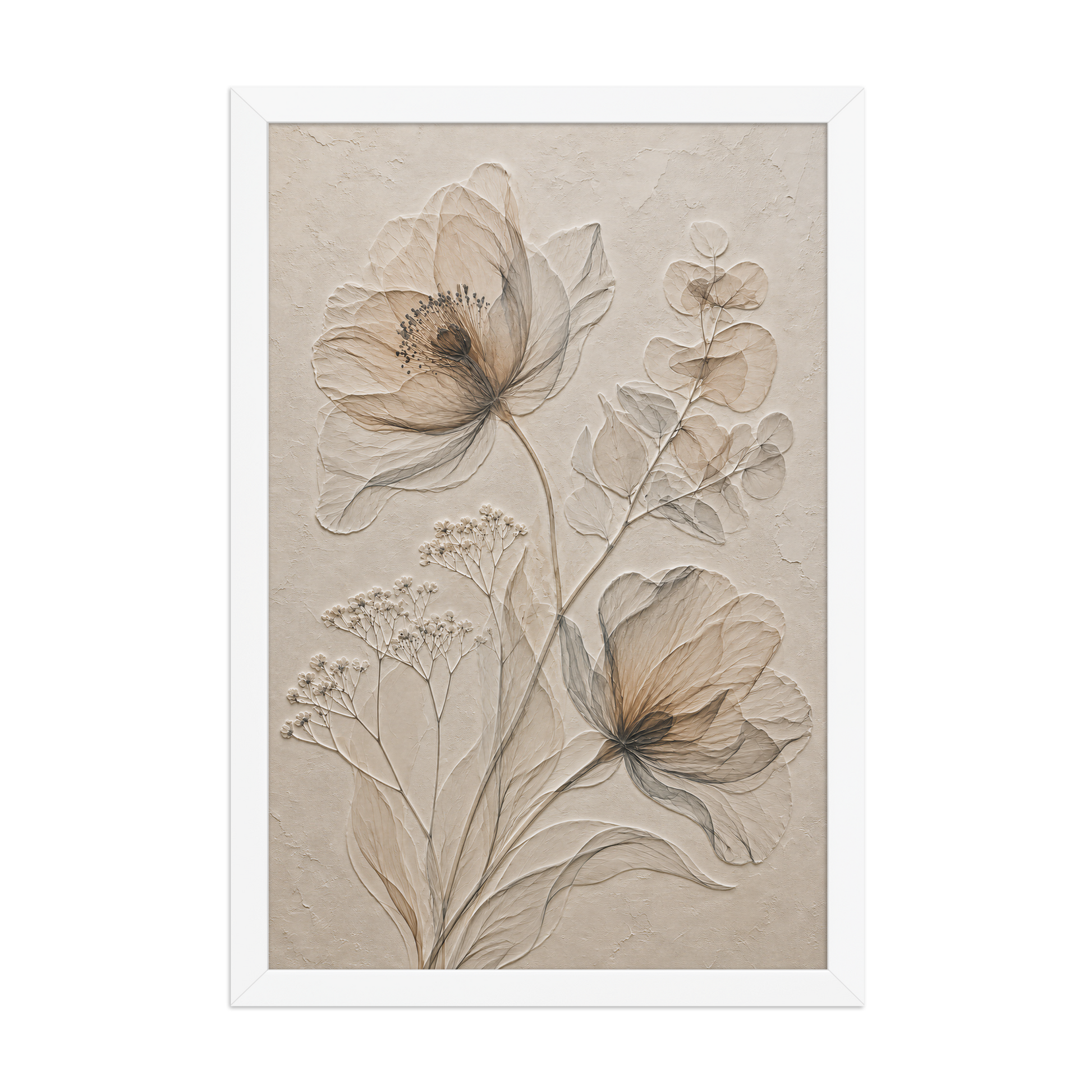 Framed botanical study print with embossed relief-look design in warm sepia tones on beige textured background