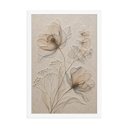 Framed botanical study print with embossed relief-look design in warm sepia tones on beige textured background