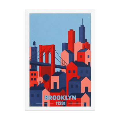 Framed Brooklyn Bridge retro travel poster, 11201 zip code wall art