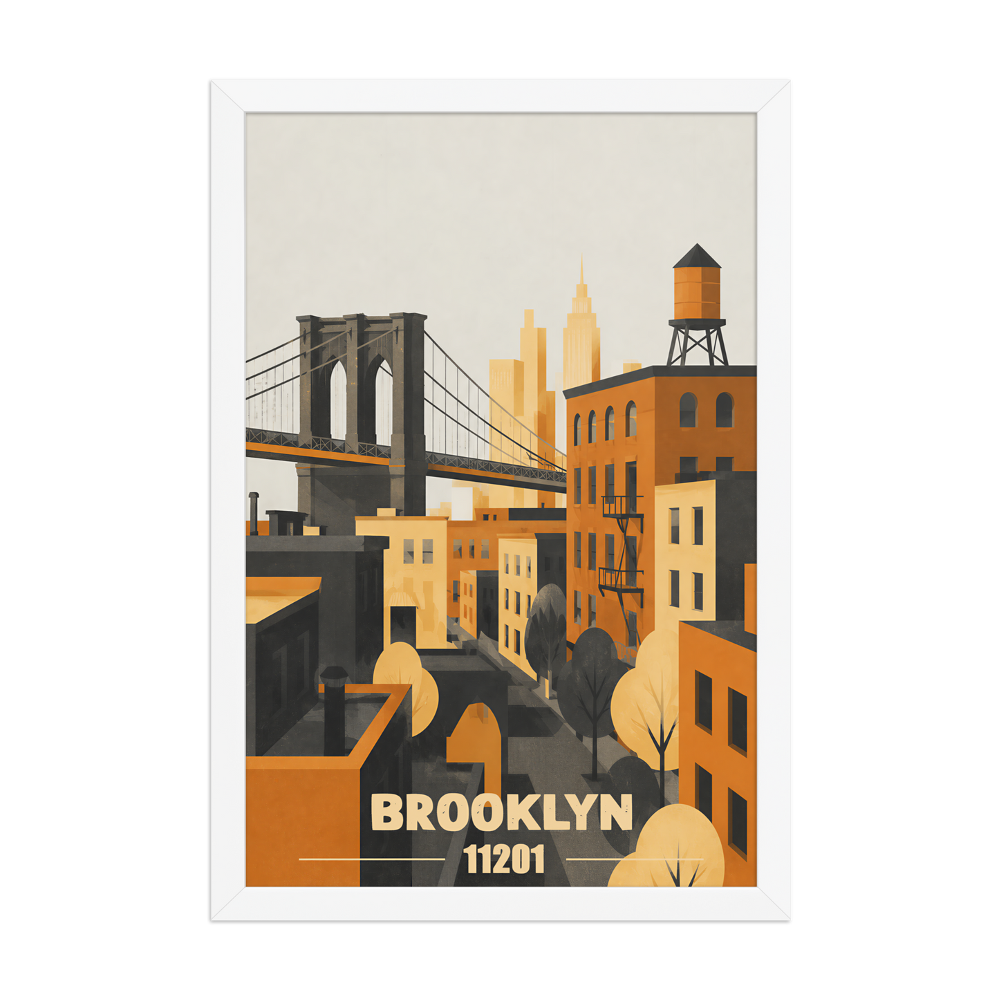 Framed Brooklyn fire escape retro travel poster, 11201 zip code wall art