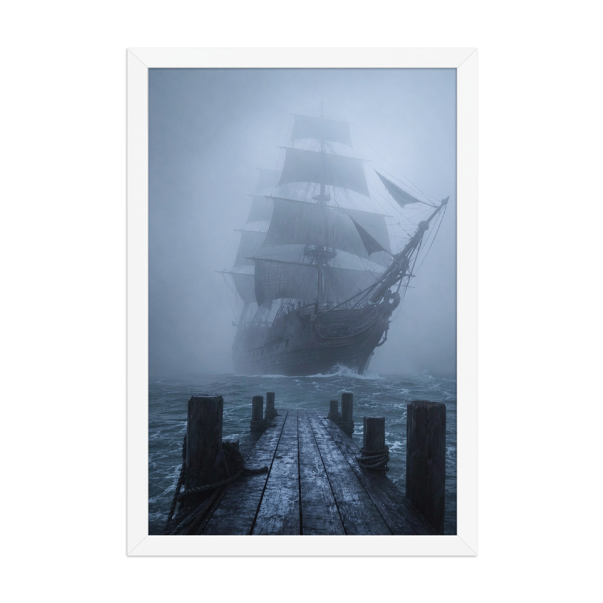 Ghost ship emerging from fog at dawn, dark moody framed wall art print ready to hang, JMTR Jeometry Store