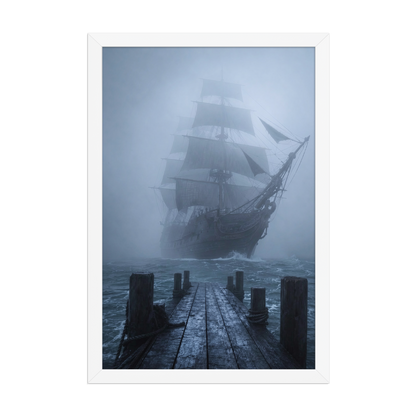 Ghost ship emerging from fog at dawn, dark moody framed wall art print ready to hang, JMTR Jeometry Store